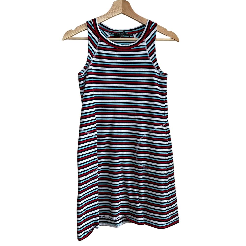 August Silk striped red blue white black sundress women's size small sleeveless